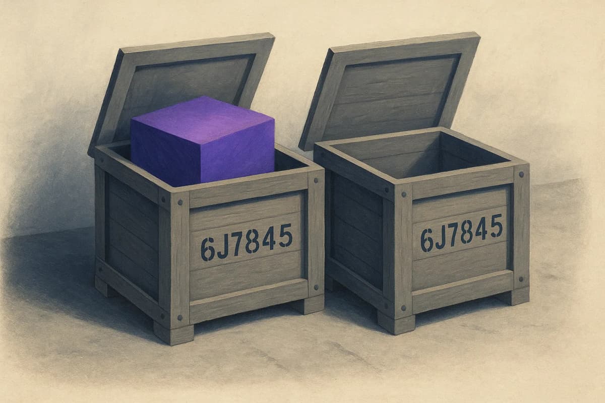Two identical wooden shipping crates side by side on a concrete warehouse floor, both stencilled with the same serial number, the left one open and packed to the brim, the right one open and nearly empty.