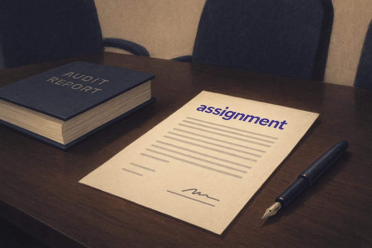 A single unsigned contract-assignment letter lying on a dark polished boardroom table beside a thick bound audit report and a capped fountain pen, overhead light pooling on the paper, empty chairs around it.