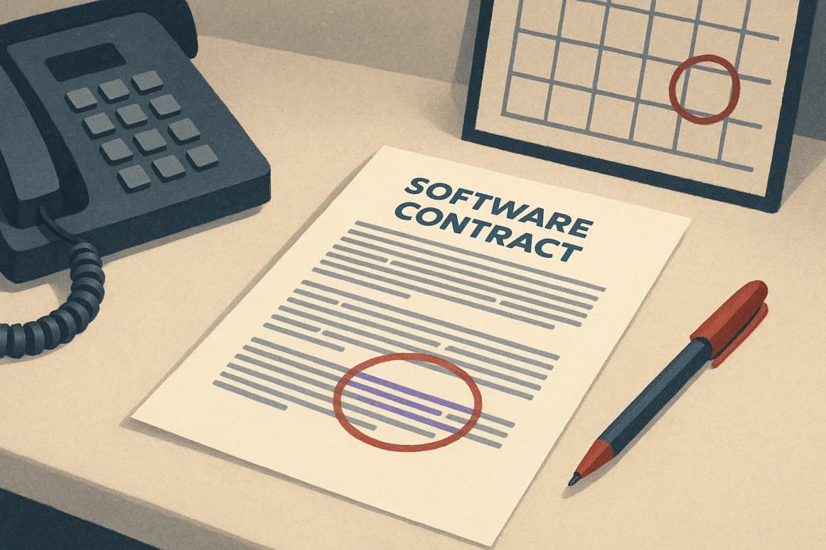 A printed software subscription contract on a freight brokerage desk, one paragraph circled in red pen, beside a wall calendar with a date ringed and a desk phone.