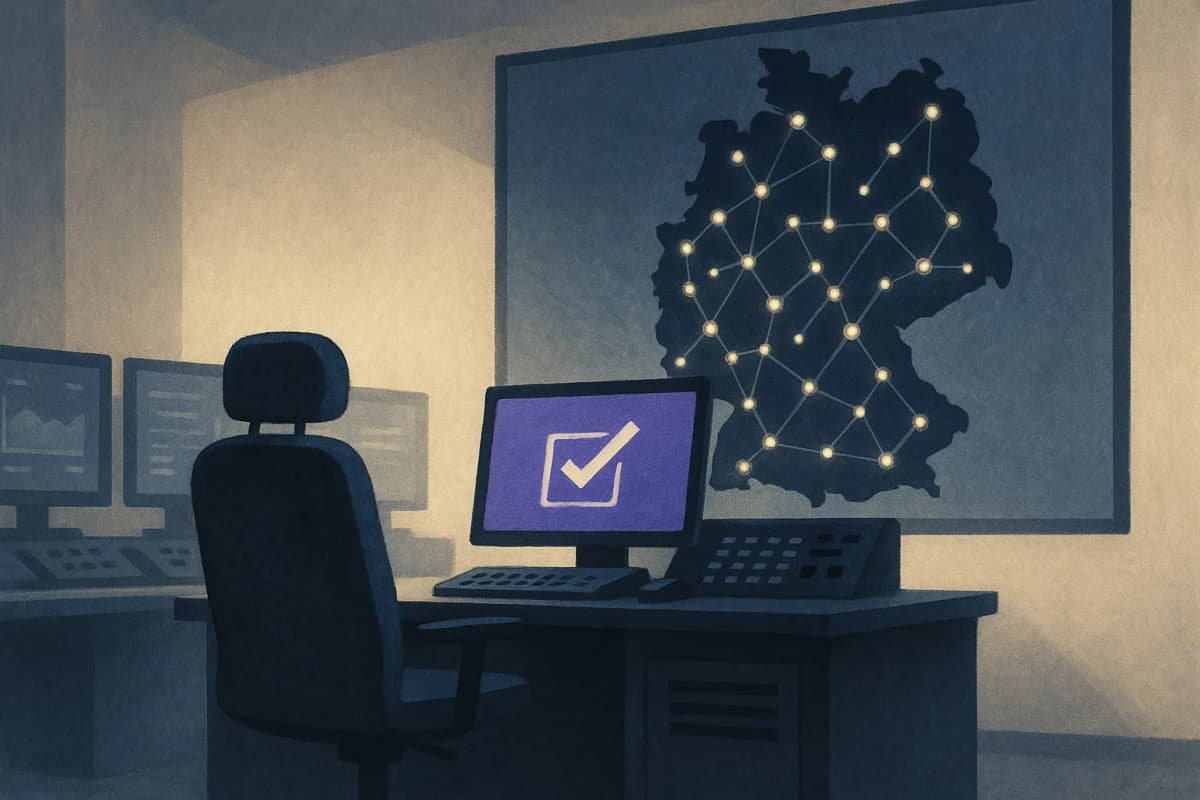 A telecom network operations room at night, a large wall map of Germany glowing with cell-tower status lights, one engineer's empty chair in front of a console while an automated alert resolves on screen.