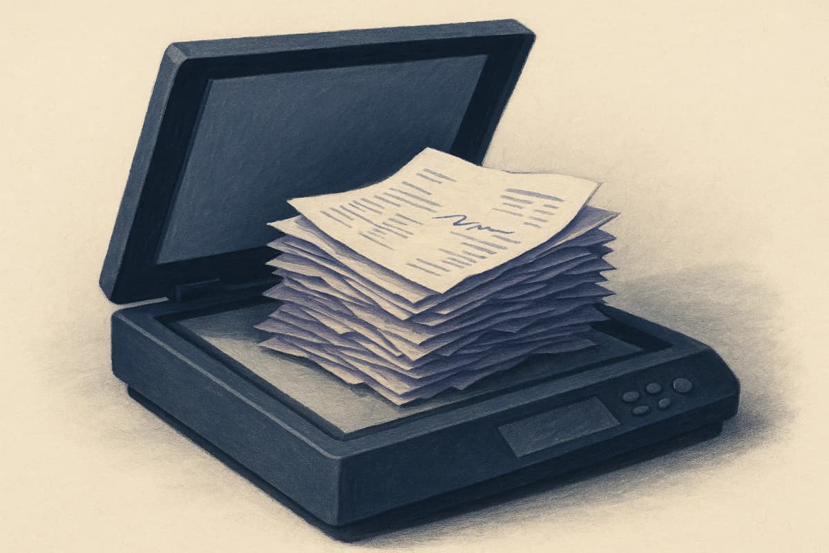 An open flatbed scanner with its lid raised, a thick untidy stack of creased paper invoices piled on the glass, the top sheet skewed and carrying a handwritten annotation in blue ballpoint ink.