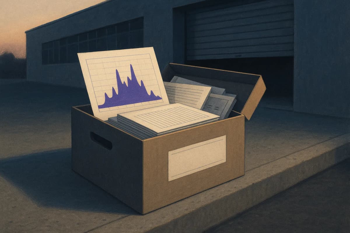 A sealed cardboard archive box of laboratory notebooks and printed spectra charts sitting alone on a concrete loading dock outside a low federal laboratory building at dusk, roller door half open, blank shipping label on