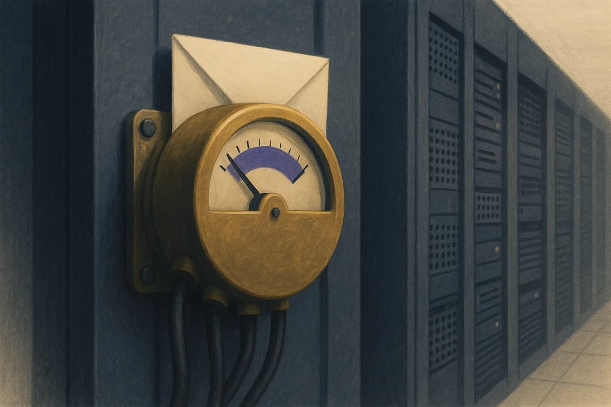 A brass utility meter bolted to the side of a server rack in a data-centre aisle, thick cables running into its housing, with a sealed paper envelope wedged behind it. No text or logos anywhere in the scene.