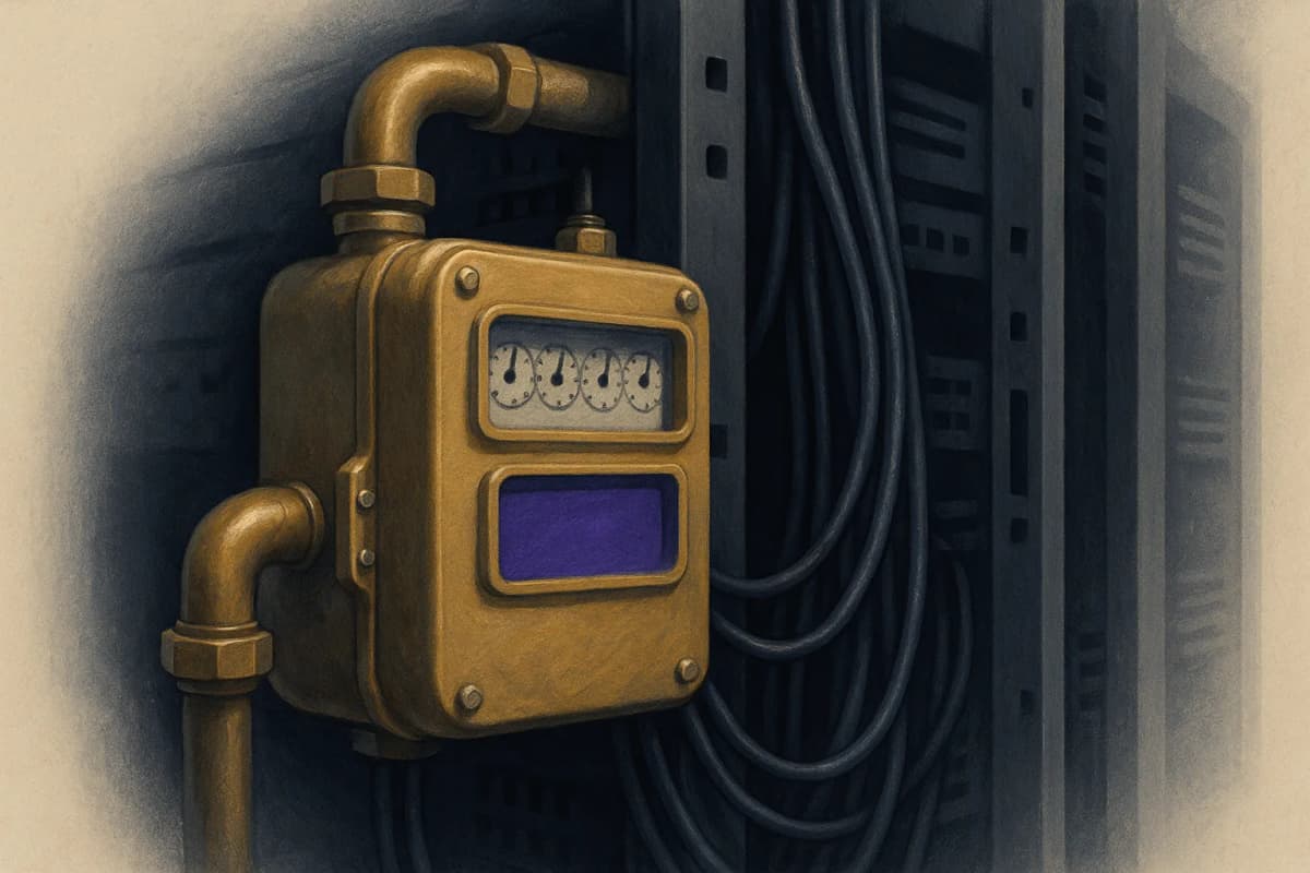 A brass utility gas meter bolted to the side of a black server rack in a cold data-centre aisle, its dials mid-spin, thick network cables running past it into the rack.