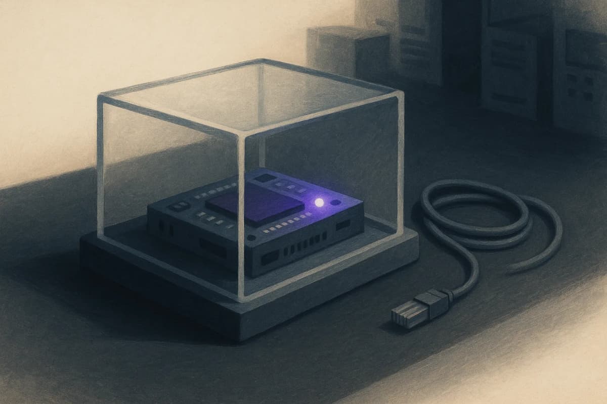 A sealed glass enclosure on a data-centre workbench holding a single small server board with a blinking status light, a coiled network cable unplugged and lying beside the box.