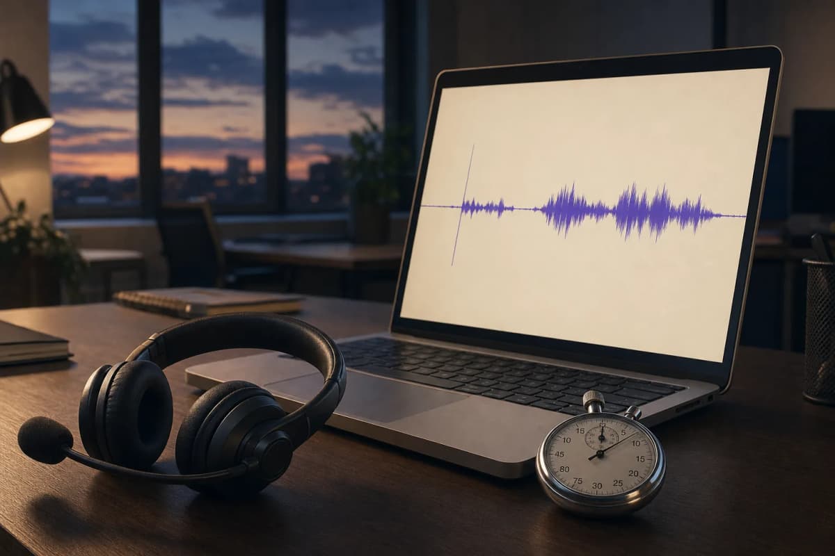 A contact-centre headset resting on a desk beside a laptop showing a plain audio waveform, with a stopwatch lying next to the keyboard, in a quiet office at dusk.