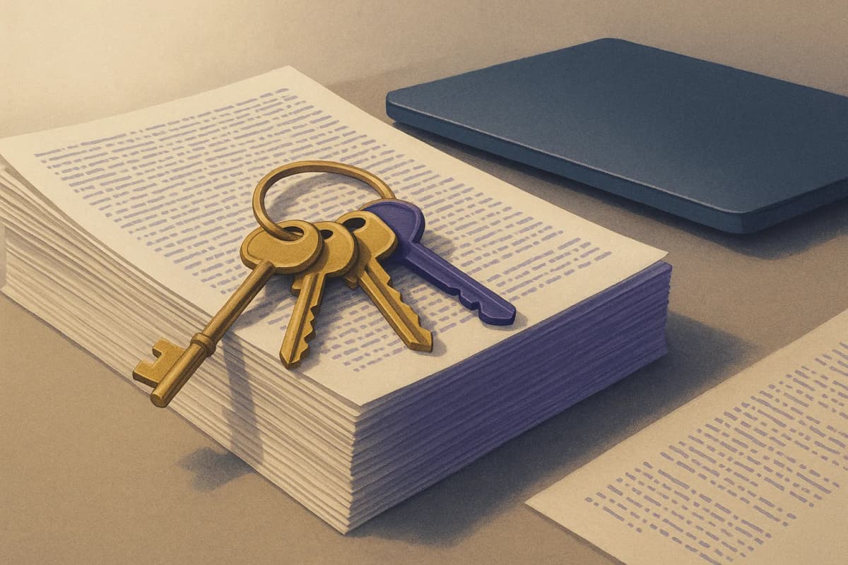 A ring of brass keys resting on a thick fanned stack of printed machine logs on a developer's desk beside a closed laptop, the pages dense with unreadable characters, no words or logos in the scene.