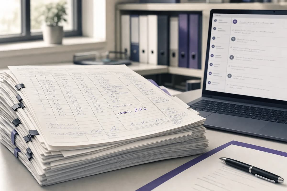 A thick stack of scanned, handwritten pharmaceutical batch record pages on a quality reviewer's desk, one page with a struck-through handwritten temperature correction, a laptop beside it showing a column of review comme