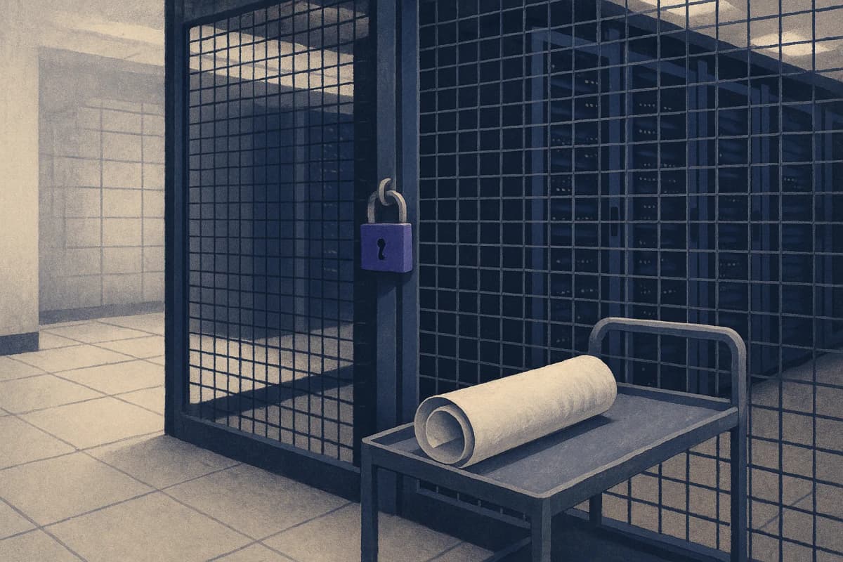 A locked wire-mesh colocation cage in a data hall, half filled with dark server racks and half standing empty on bare floor tiles, with a rolled-up paper contract resting on a metal cart in the aisle.
