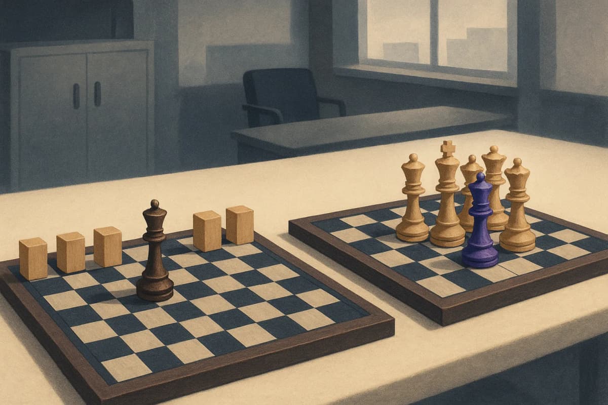 Two identical chessboards side by side on a long table in an empty office: the left board has one wooden king facing five plain wooden blocks, the right board has six carved kings crowded together in the centre. No text,