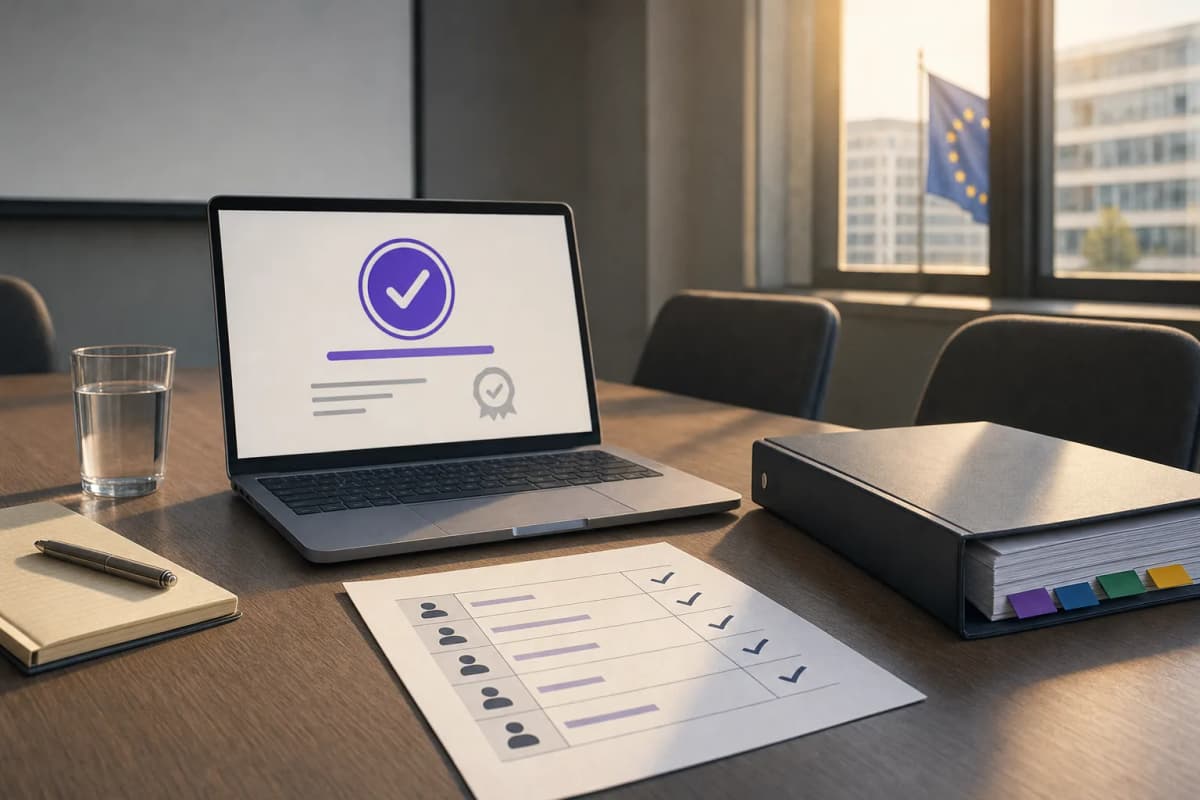 A training-room table in a European office with a laptop showing a course completion screen, a printed staff role list with tick marks, and a binder labelled only with coloured tabs, under late-afternoon window light.