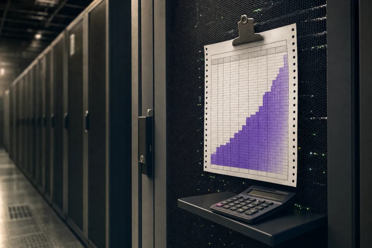A server rack in a dim data-centre aisle with a printed paper GPU-hours log clipped to its door and a calculator resting on a ledge beside it.