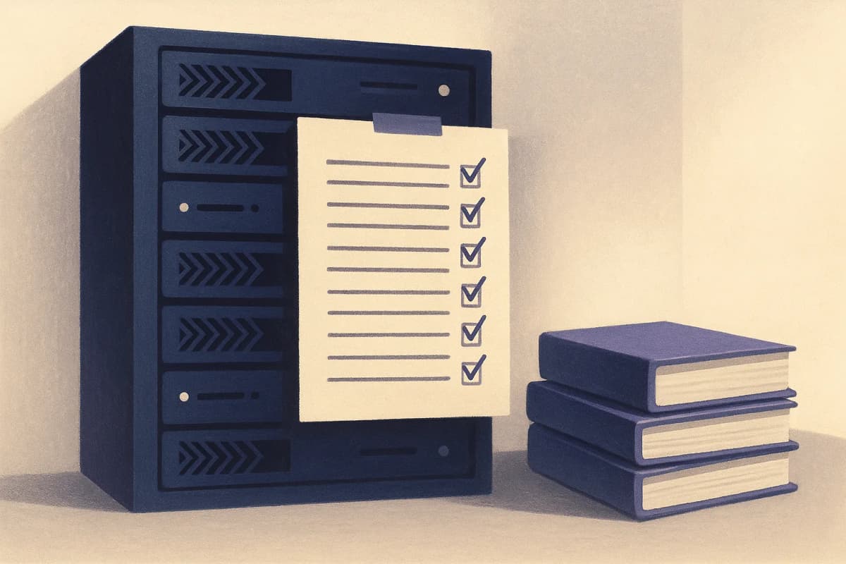 A wall-mounted enterprise server rack with a printed paper inventory list taped across its front, each row hand-ticked in pen, a stack of unopened shrink-wrapped binders on the floor beside it.