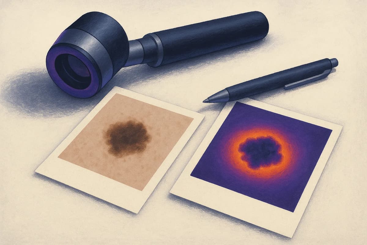 A dermatoscope lying on a clinician's desk beside two printed photographs of the same skin mole, one plain and one covered by a coloured heat-map overlay, with a pen resting between them.