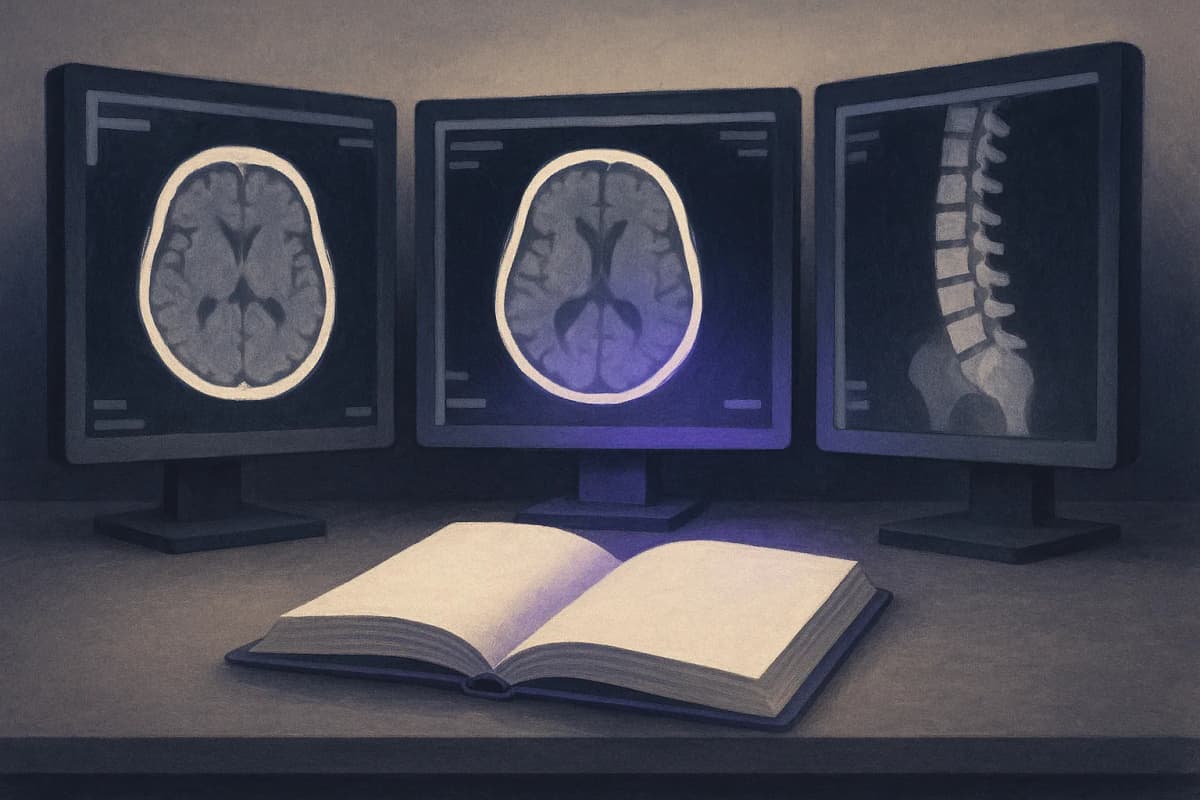 A hospital radiology reading room at night: three large monitors glowing with grayscale CT slices, and on the desk in front of them a thick paper binder lying open, its pages blank. No readable text or logos.