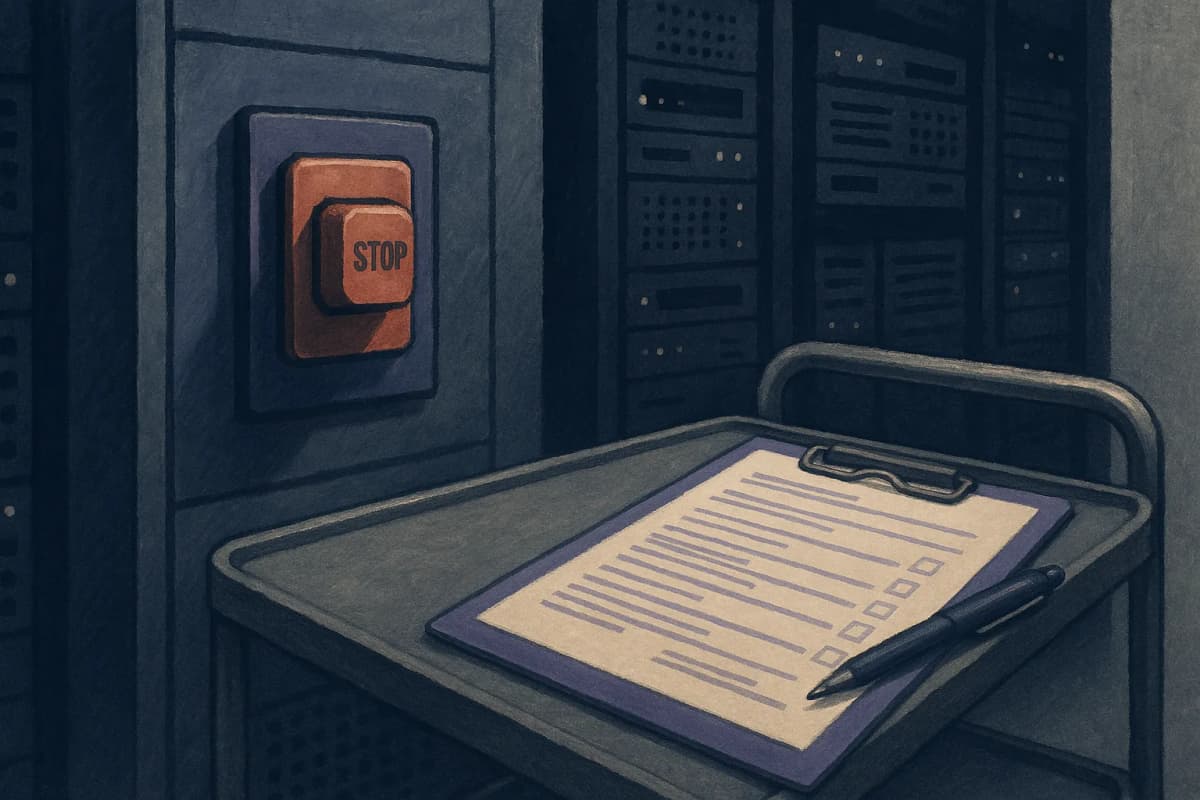 A bank server room at night with a single red emergency shutoff switch on a rack panel, a printed supervisory questionnaire and a pen resting on a cart beside it.