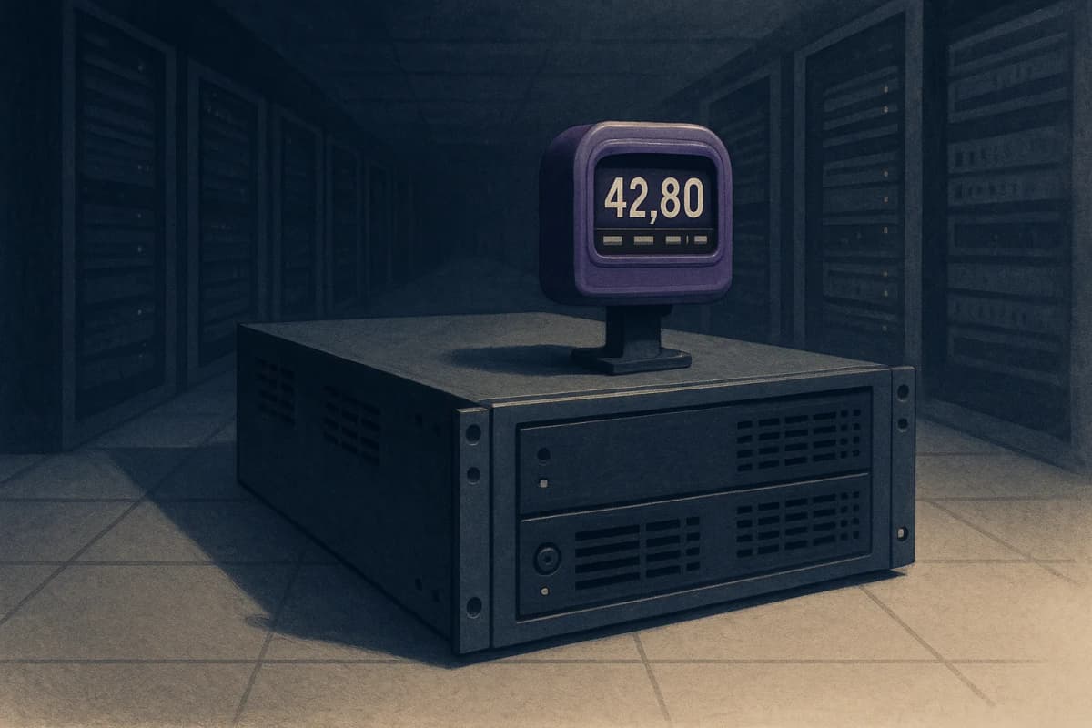 A single rack-mounted server in an otherwise empty data-centre aisle at night, with a taxi meter bolted to its front panel, the meter's digits still climbing while nobody stands in the aisle.