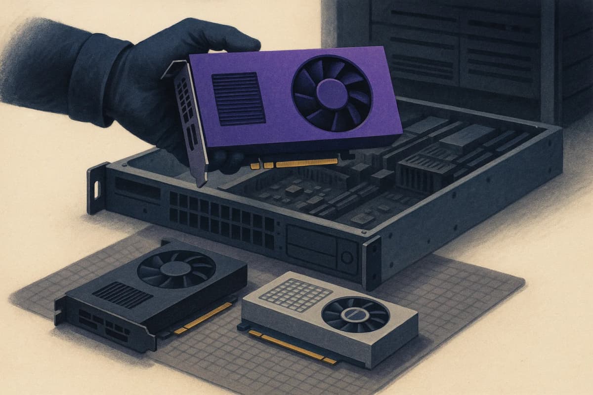 A server technician's gloved hand holding a GPU accelerator card above an open rack server, with two other GPU cards of different generations lying side by side on an anti-static mat next to it.