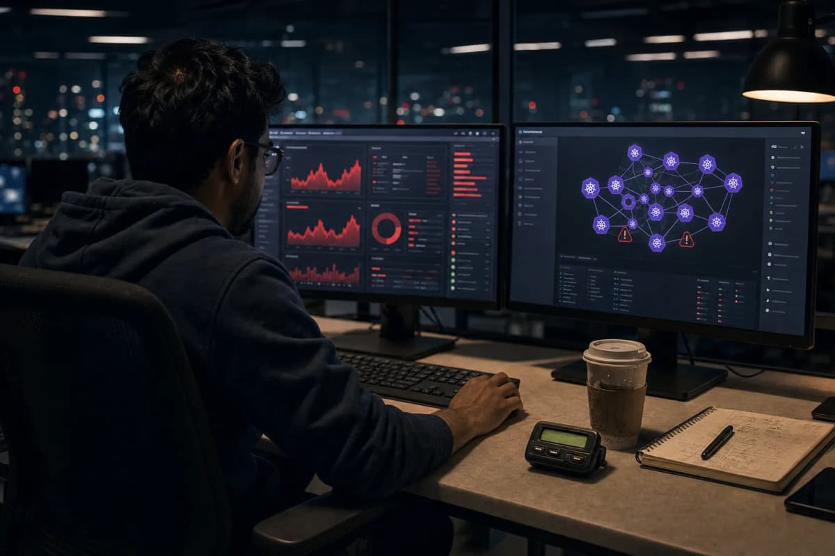 A night-shift operations room with a single engineer at a desk, two monitors showing red alert graphs and a Kubernetes cluster map, a pager and a cold coffee beside the keyboard.