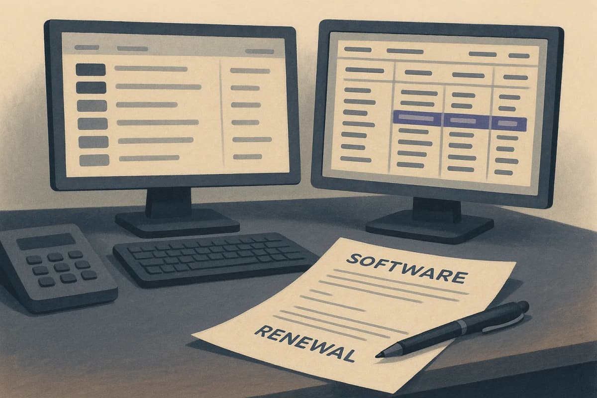 An IT manager's desk with two monitors, one showing a service desk ticket queue and the other a spreadsheet of software licenses and renewal dates, a printed software contract with a pen lying across the renewal clause.