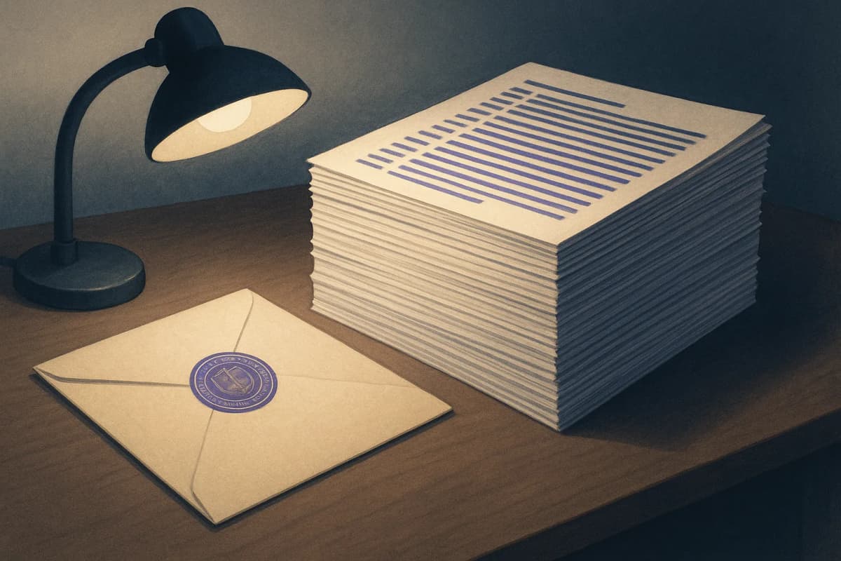 A thick stack of printed server logs on a government conference table beside a sealed manila envelope stamped with a blank official seal, under a desk lamp.