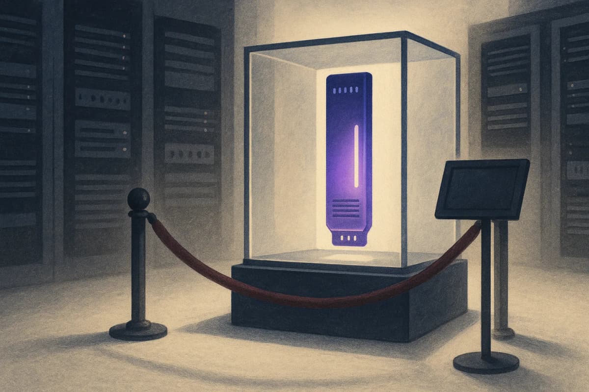 A sealed glass display case in a dim server room holding a single glowing server blade, with a velvet rope and an empty reservation stand in front of it.