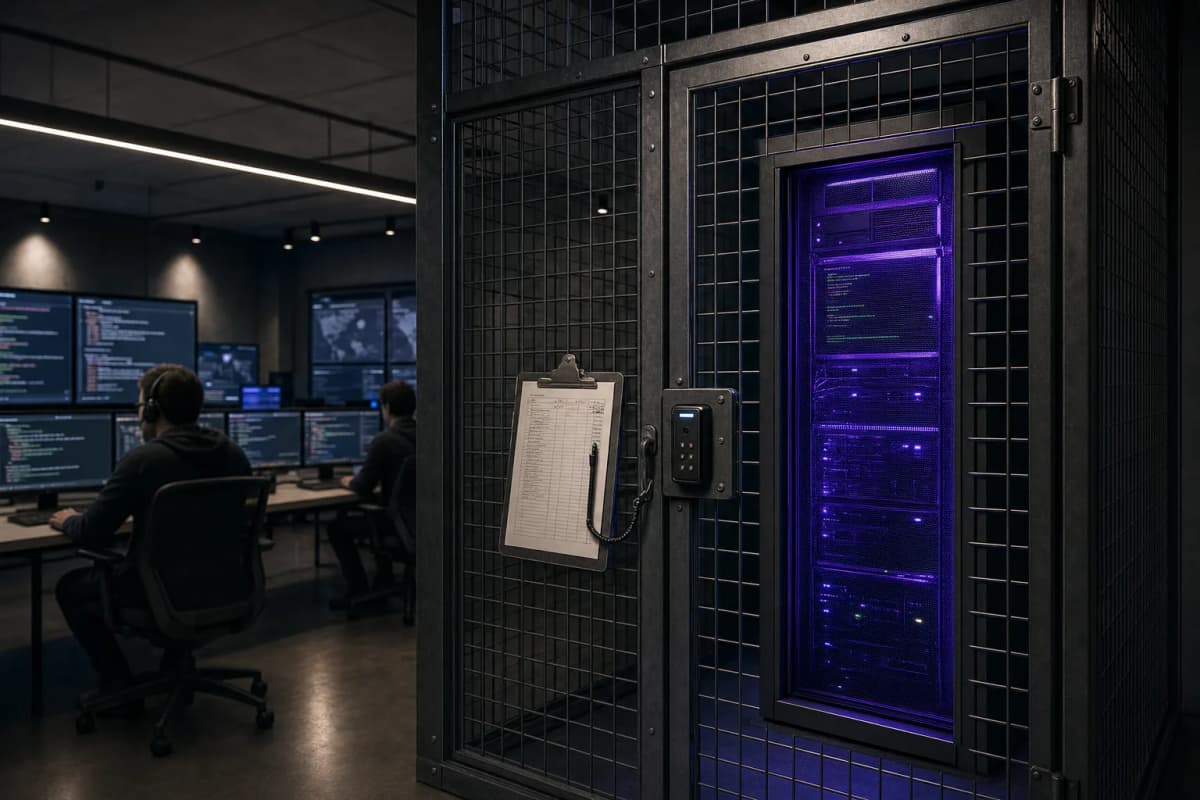 A locked steel server cage in a security operations center, one rack inside glowing, with a badge reader and a clipboard sign-in sheet on the cage door and analysts' monitors showing lines of source code in the backgroun