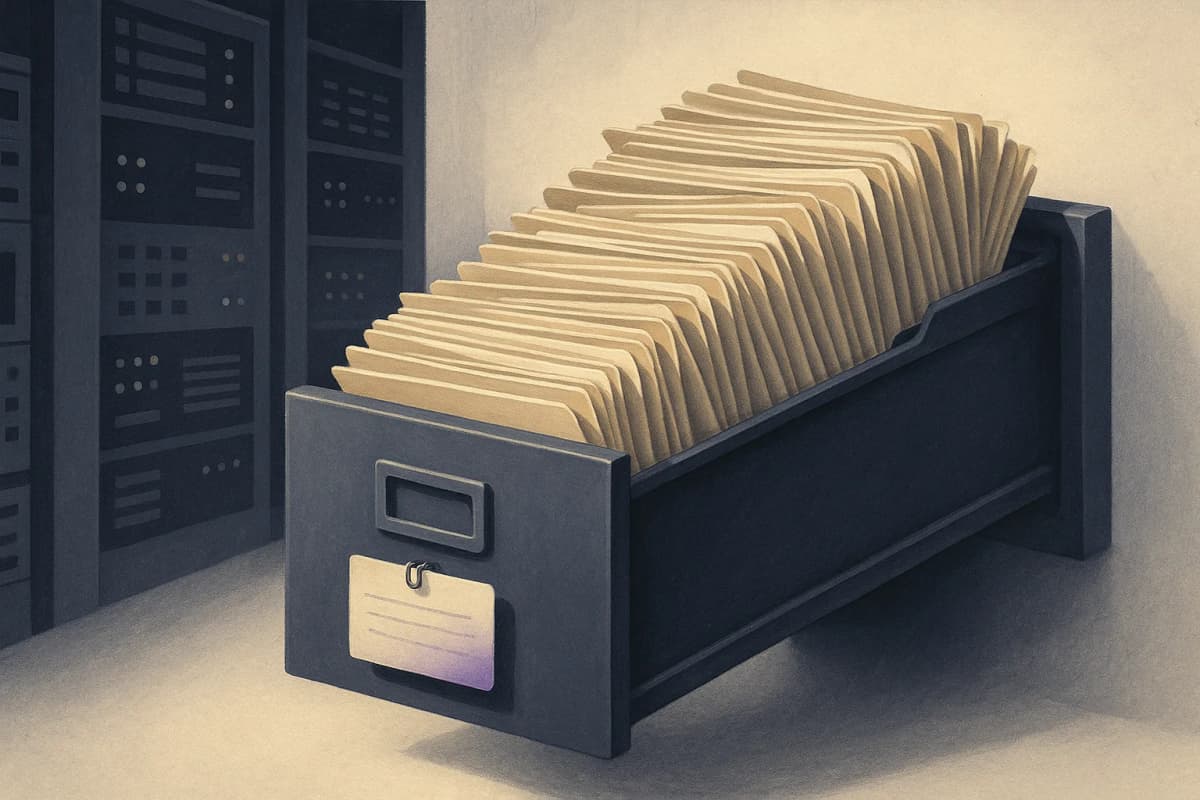 A single filing-cabinet drawer pulled open in a server room, crammed far past capacity with identical stacked paper folders spilling over the rails, one small handwritten index card clipped to the front of the drawer.