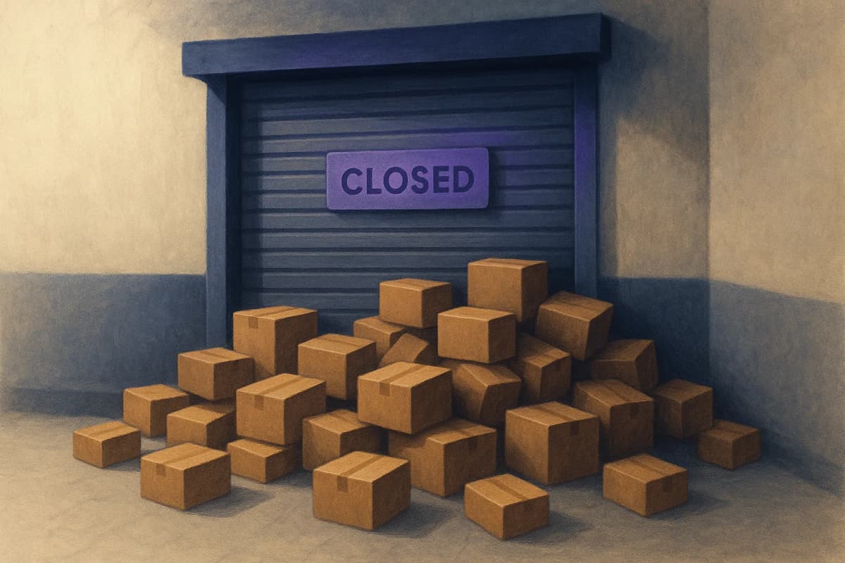 A shuttered service counter with a CLOSED-style roller shutter pulled down, and dozens of identical brown parcels piled up against it on the floor, spilling out across the corridor.