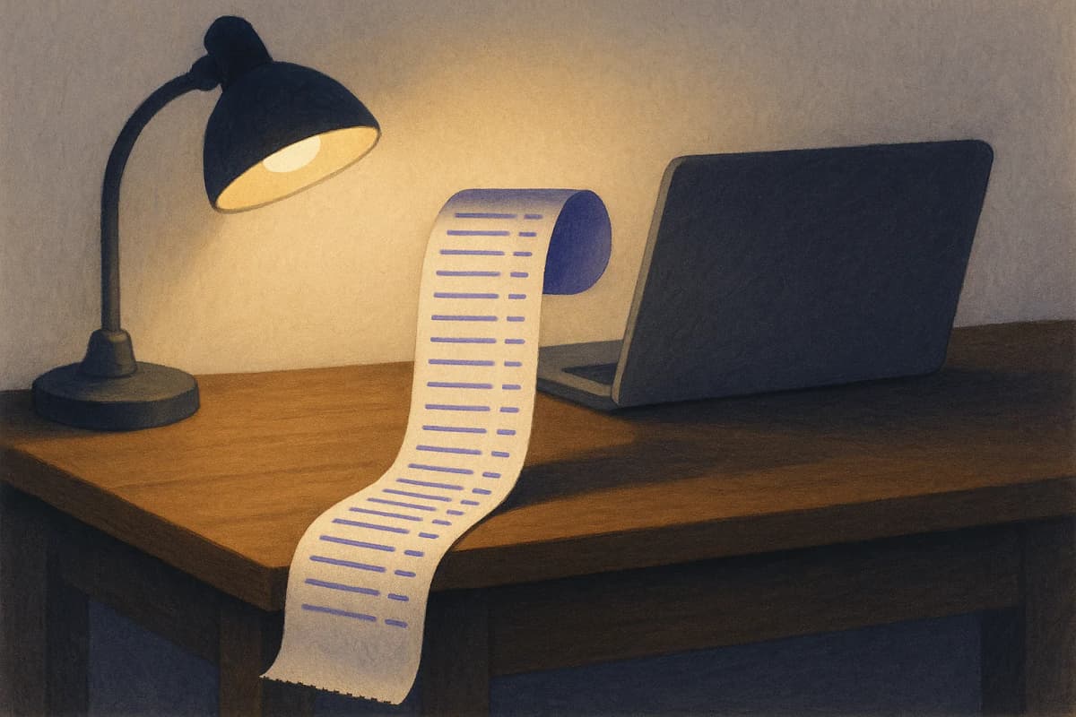 A long itemised paper receipt curling off the edge of a wooden desk beside a closed laptop, its printed line items stacked one under another under a warm desk lamp.