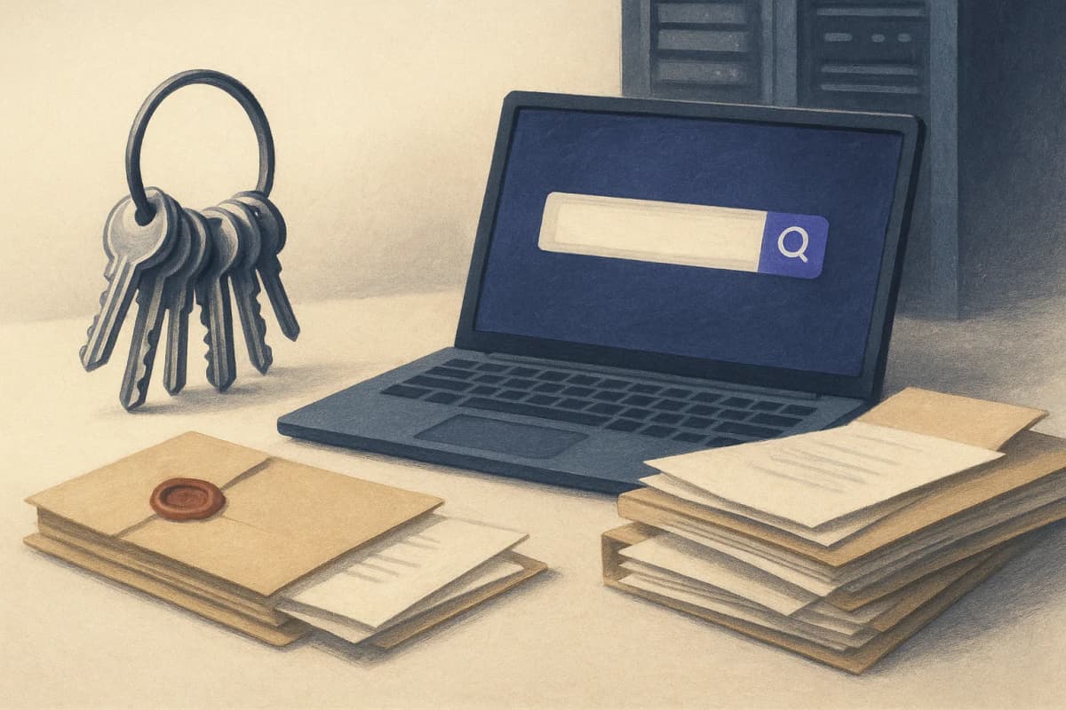 An office server-room desk with an open laptop showing a blank search box, beside it a tall ring of physical keys and a stack of paper files with some folders sealed by red wax and others left open.