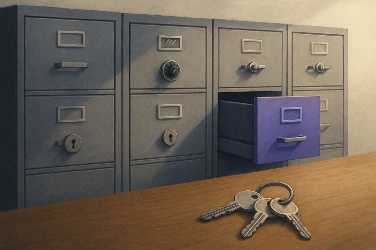 A row of grey steel office filing cabinets against a wall, each drawer fitted with a visibly different lock, one drawer standing open, and a single ring of keys lying on a wooden desk in the foreground.