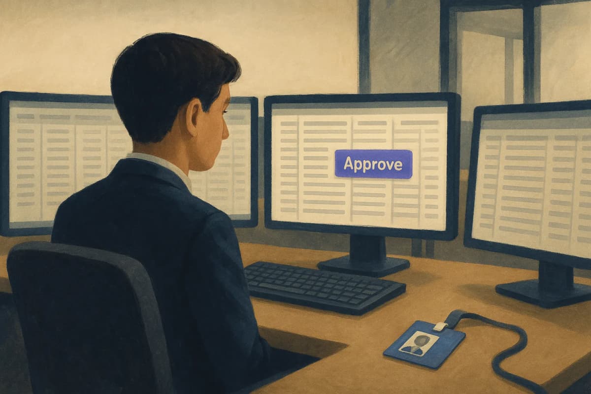 A young bank employee at a trading-floor desk on their first day, a new ID badge on the desk, facing three monitors full of spreadsheet rows with an approve button highlighted, while an empty manager's glass office sits