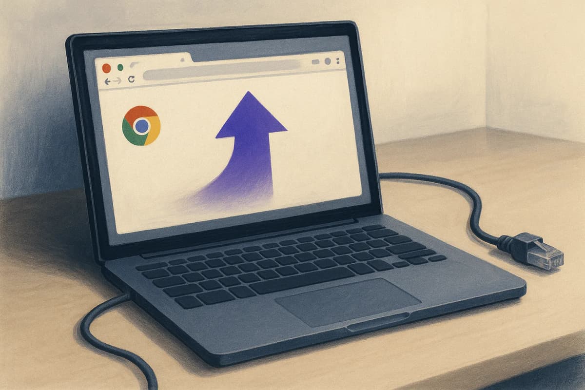 A laptop open on an empty office desk with a Chrome browser window filling the screen, and a network cable lying loose on the desk beside it, its connector unplugged from the laptop's port.