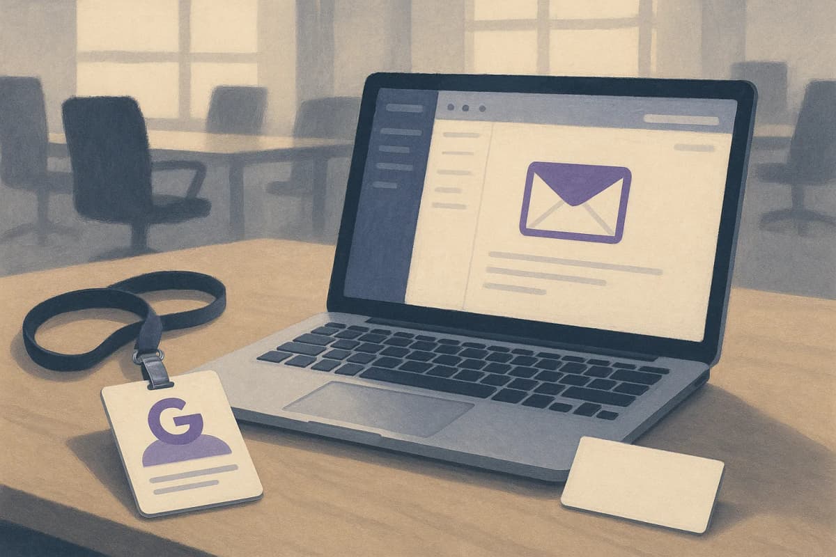 A new employee badge and a laptop showing an empty email inbox sit on an unoccupied desk in an open-plan office, a blank name card beside the keyboard.