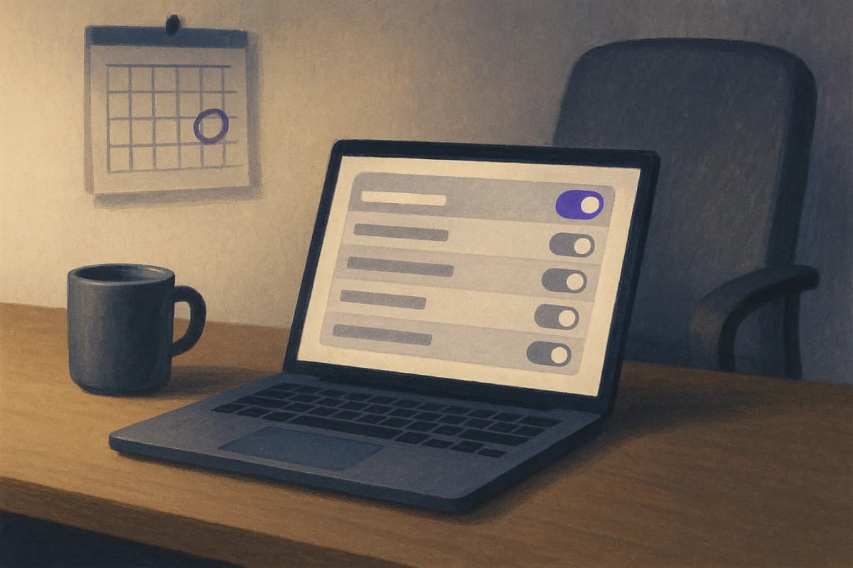 An office desk at night with a laptop showing a list of greyed-out, switched-off cards, a coffee mug, and an empty chair pushed back as if its owner has left, a wall calendar beside it with one spring date circled.