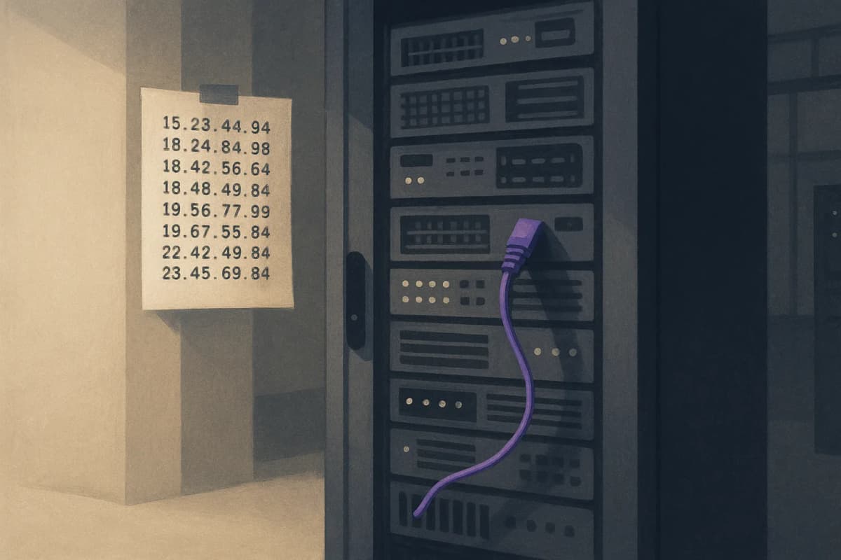 A server rack in a dim test lab with a single network cable unplugged and dangling, a printed sheet of allowed subnet addresses taped to the rack door.
