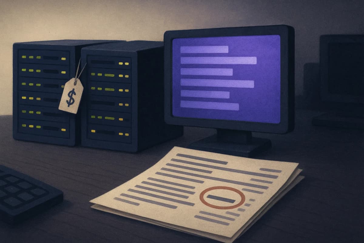 A developer's desk at night with two server-rack status panels side by side, one with a small price tag reading one fifth the length of the other, a stack of printed benchmark pages between them, one page with a red-circ