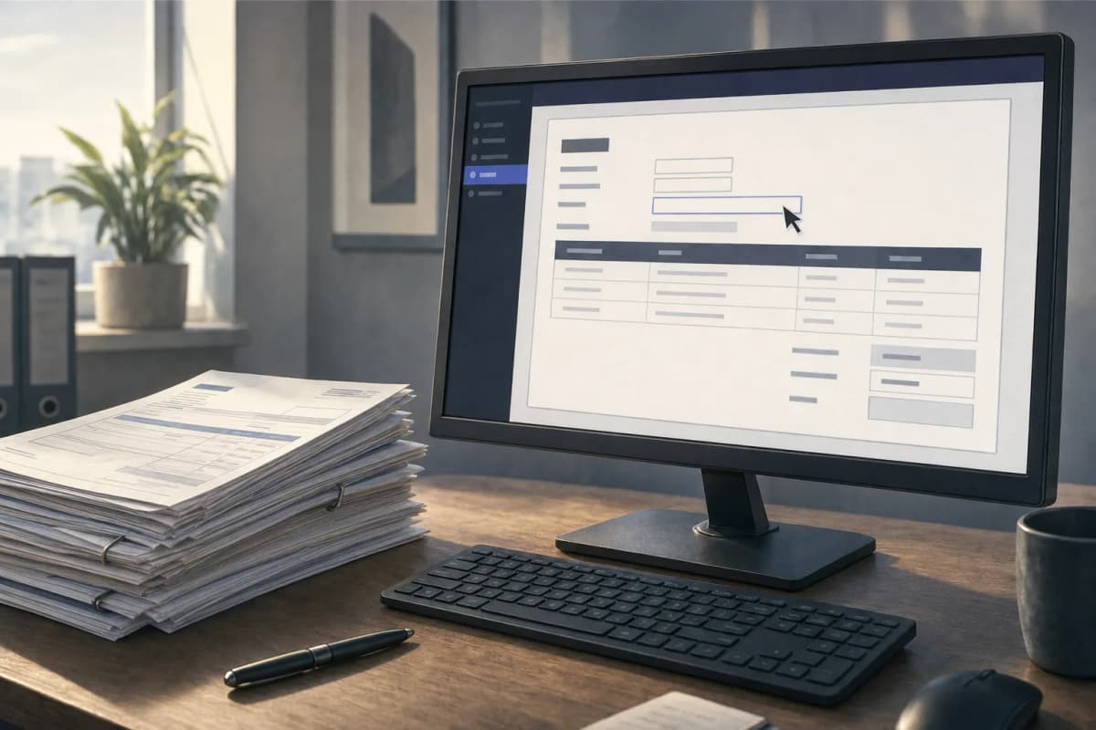 An office desk with a monitor showing a half-filled invoice form, a cursor hovering over a field, and a stack of paper invoices beside the keyboard.