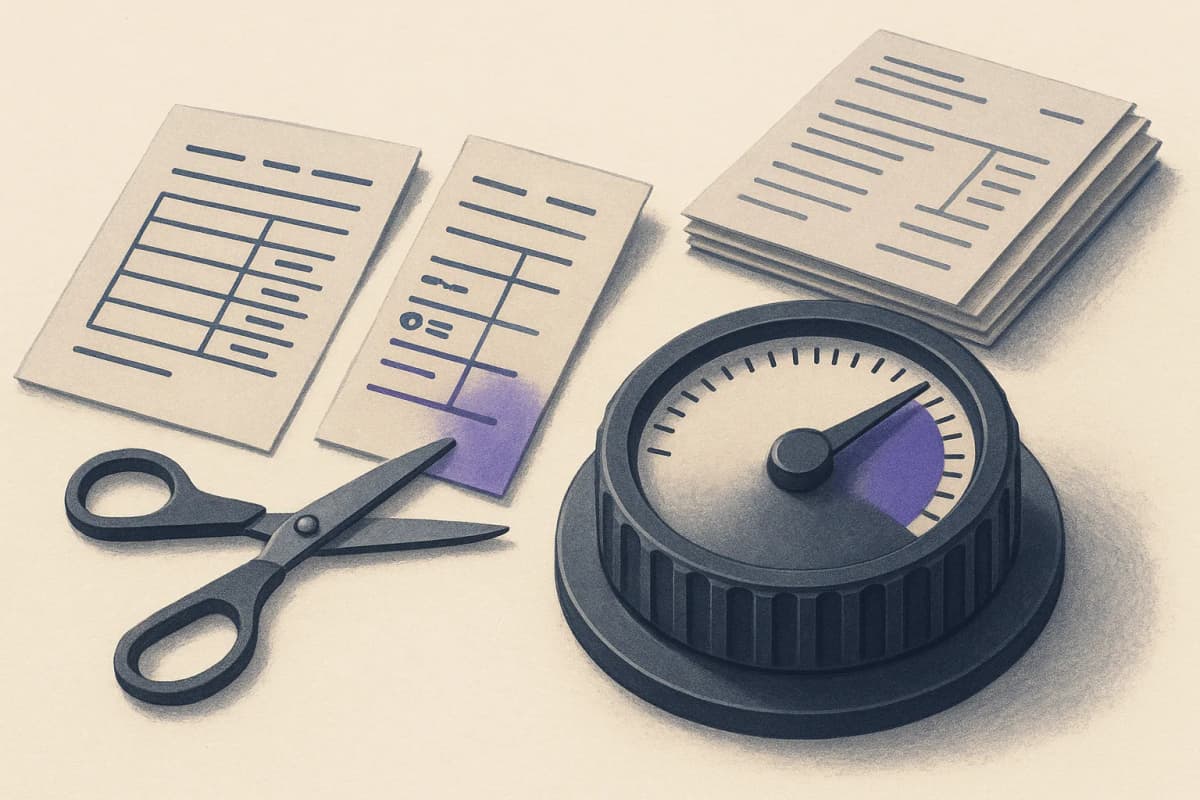 An engineer's desk with a printed API price sheet cut neatly in half with scissors, one half lying beside a large mechanical dial turned all the way to its highest notch, and a stack of printed invoice slips next to it.