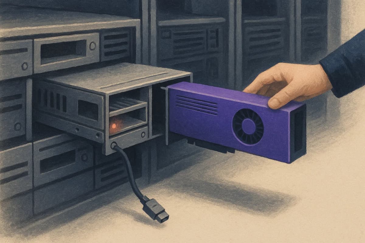 A row of open GPU server trays in a dim data centre aisle, one tray pulled halfway out with a red status light and an unplugged InfiniBand cable dangling, while a technician's hand slides a spare tray into the next slot.