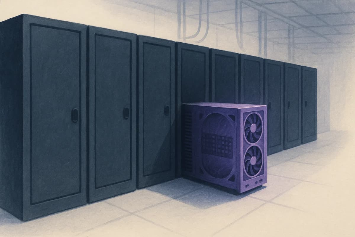 A row of eight rack-mounted GPU server nodes in a datacenter cold aisle, seven of them dark and powered down behind closed cabinet doors, one node pulled forward and lit with its fans spinning.