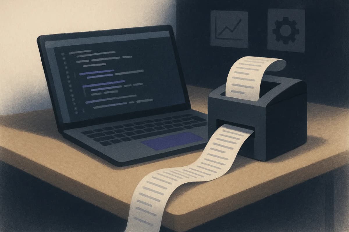 A developer's laptop open on a desk showing a code editor, beside a small thermal receipt printer pushing out a paper receipt so long it curls off the desk edge onto the floor.