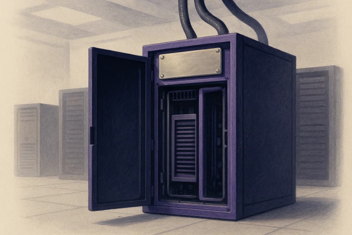 A single liquid-cooled inference rack on a data-centre floor, front panel open, with a blank brushed-metal nameplate freshly riveted over an older plate underneath, coolant hoses running up to the ceiling.