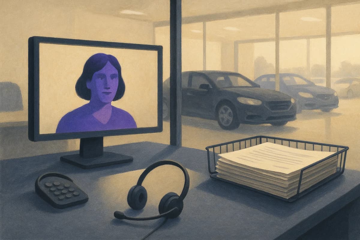 A single occupied desk in an otherwise empty car-dealership finance office: a monitor showing a video call with a customer, a headset on the desk, and a thick stack of unsigned paper contracts pushed aside into a wire tr