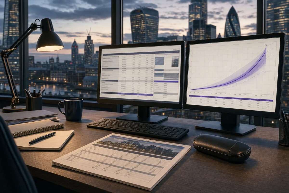 An underwriter's desk in a London insurance office at dusk, two monitors showing a commercial property rating worksheet and a pricing curve, a printed policy schedule and a reading glasses case beside the keyboard. No te
