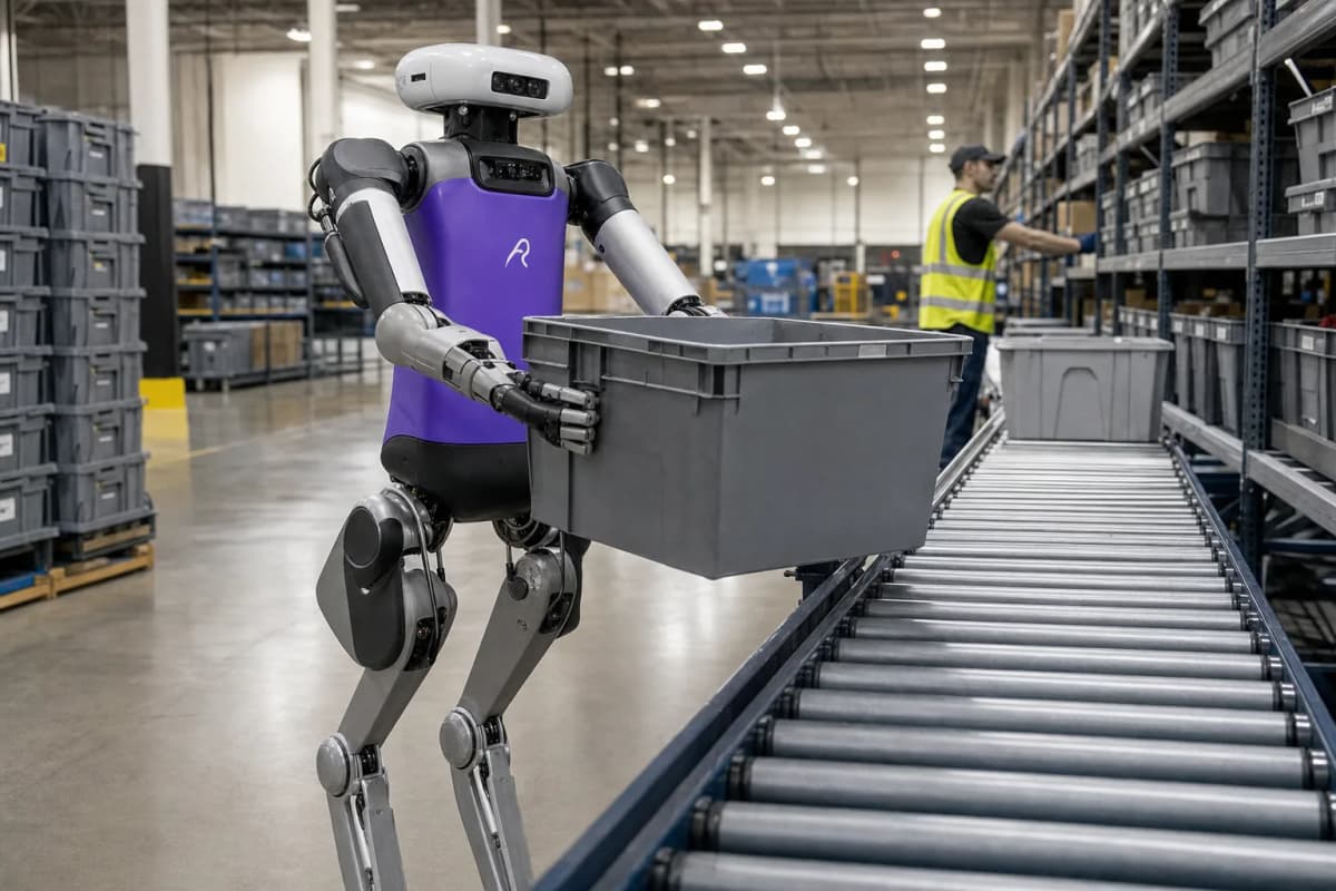 A bipedal humanoid robot lifting a gray plastic tote onto a roller conveyor in a large e-commerce warehouse aisle, with stacked totes and a worker in a safety vest in the background.