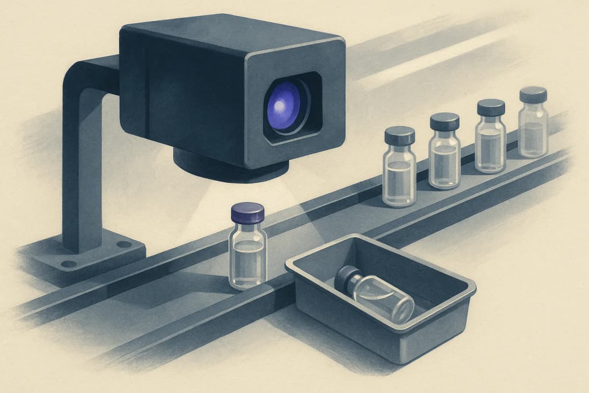 An automated vial inspection machine on a pharmaceutical fill-finish line: a camera housing mounted over a row of glass vials on a conveyor, with one vial diverted into a small stainless-steel reject tray, under bright c