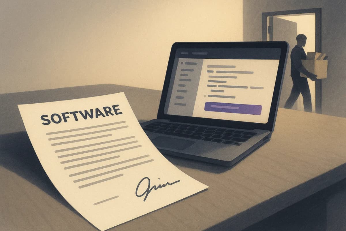A signed paper software contract on blank letterhead lying on a developer's desk beside a laptop showing a pull request, with a moving box of office equipment being carried out the door in the background.