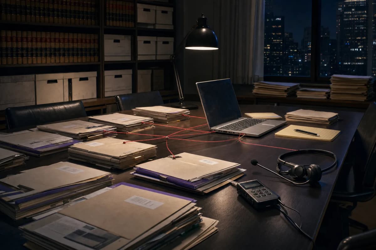 A law firm records room at night with a long table covered in labelled case files joined by red string to a laptop, and a salesperson's headset and recorder left on the edge of the table.